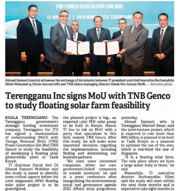 Terengganu Inc signs MoU with TNB Genco to study floating solar farm feasibility