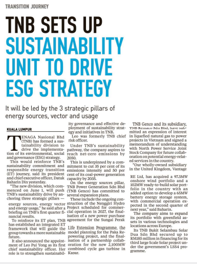 TNB SETS UP SUSTAINABILITY UNIT TO DRIVE ESG STRATEGY