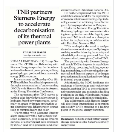 TNB partners Siemens Energy to accelerate decarbonisation of its thermal power plants