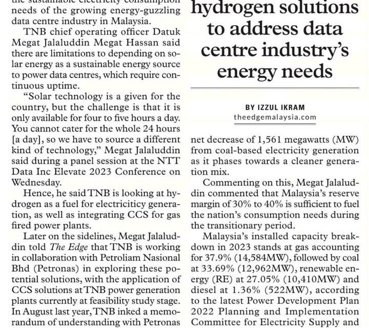 TNB looking at carbon capture,hydrogen solutions to address data centre industry’s energy needs
