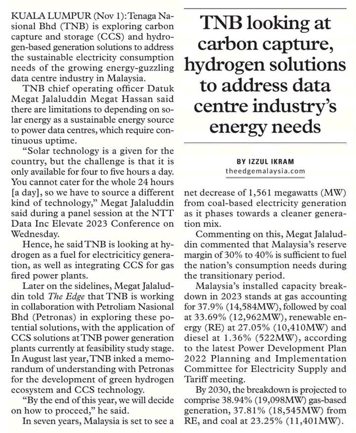 TNB looking at carbon capture,hydrogen solutions to address data centre ...