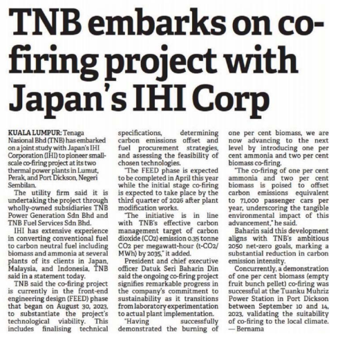 TNB embarks on cofiring project with Japan’s IHI Corp