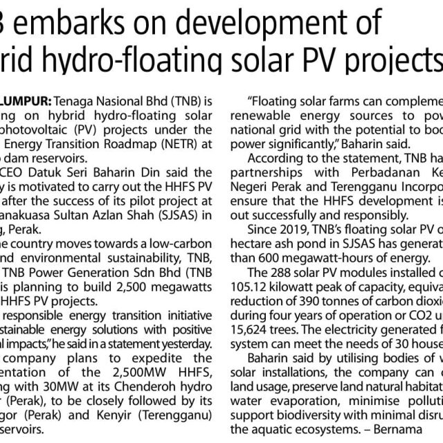 TNB embarks on development of hybrid hydro-floating solar PV projects